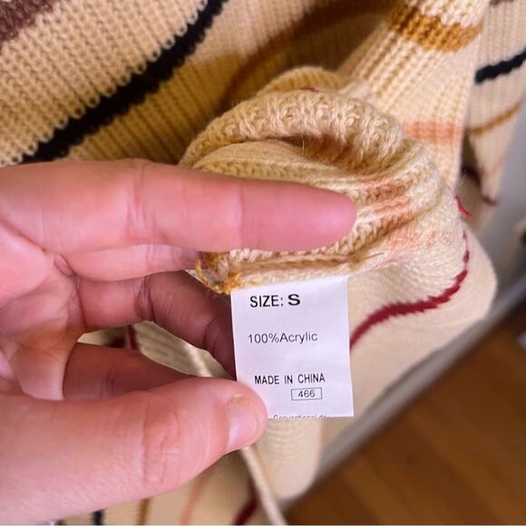 NWOT Amazon V Neck Cream Multicolor Striped Long Sleeve Acrylic Sweater Small - Picture 4 of 6